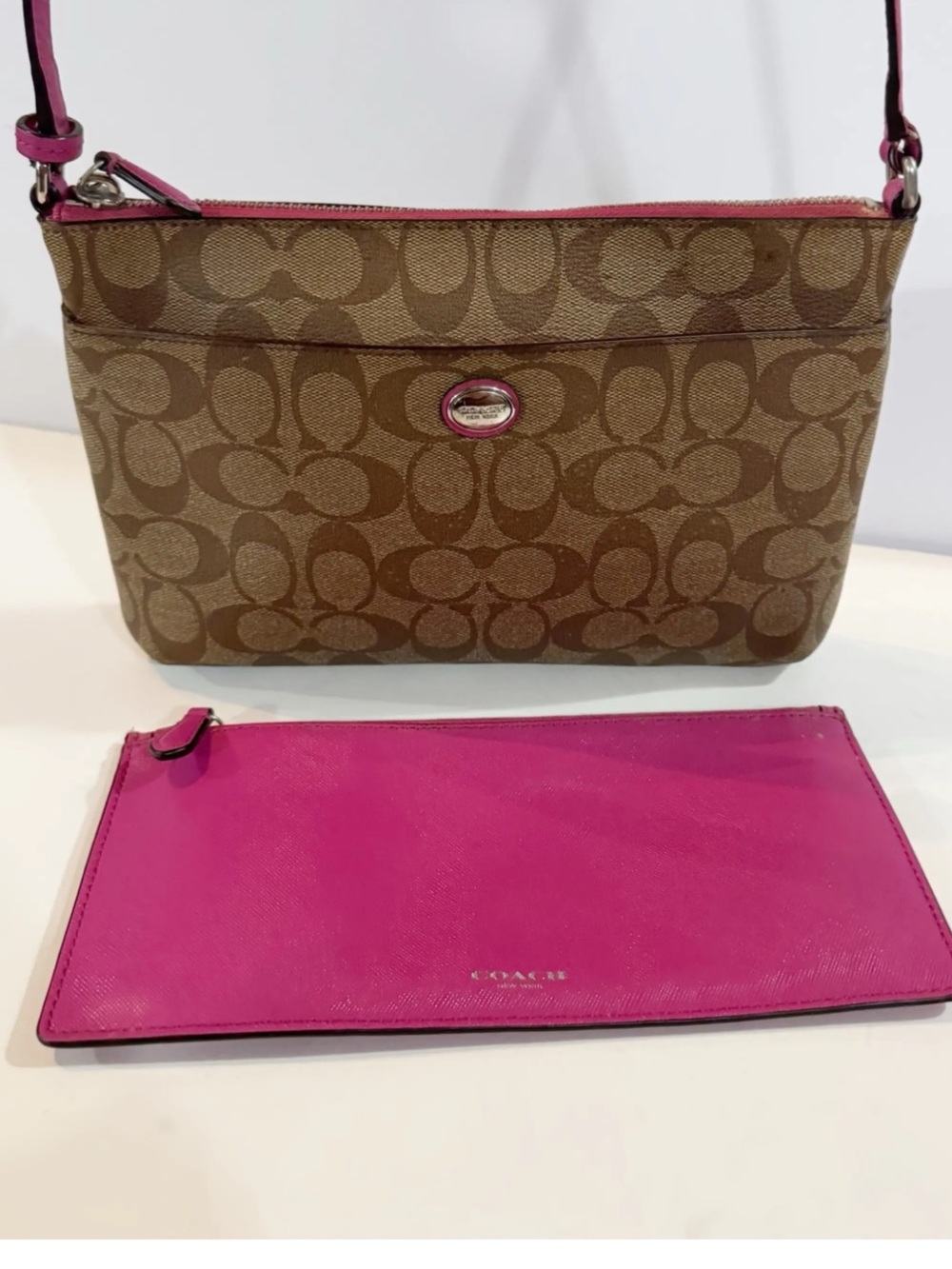 Coach Brown Signature Canvas shoulder bag Bright Pink with Leather Pouch